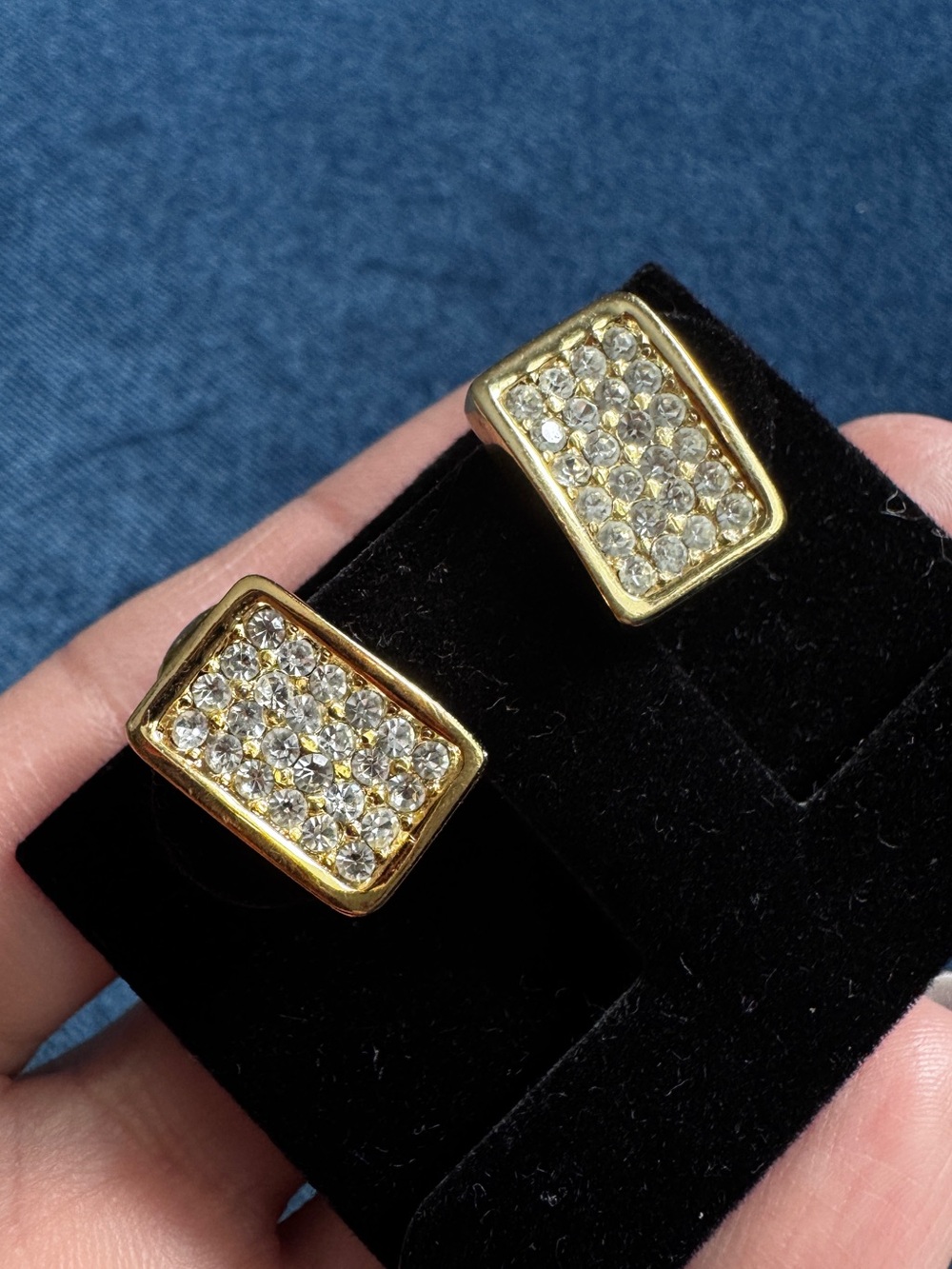 Vintage Christian Dior gold tone rectangular clip pave rhinestone clip earrings